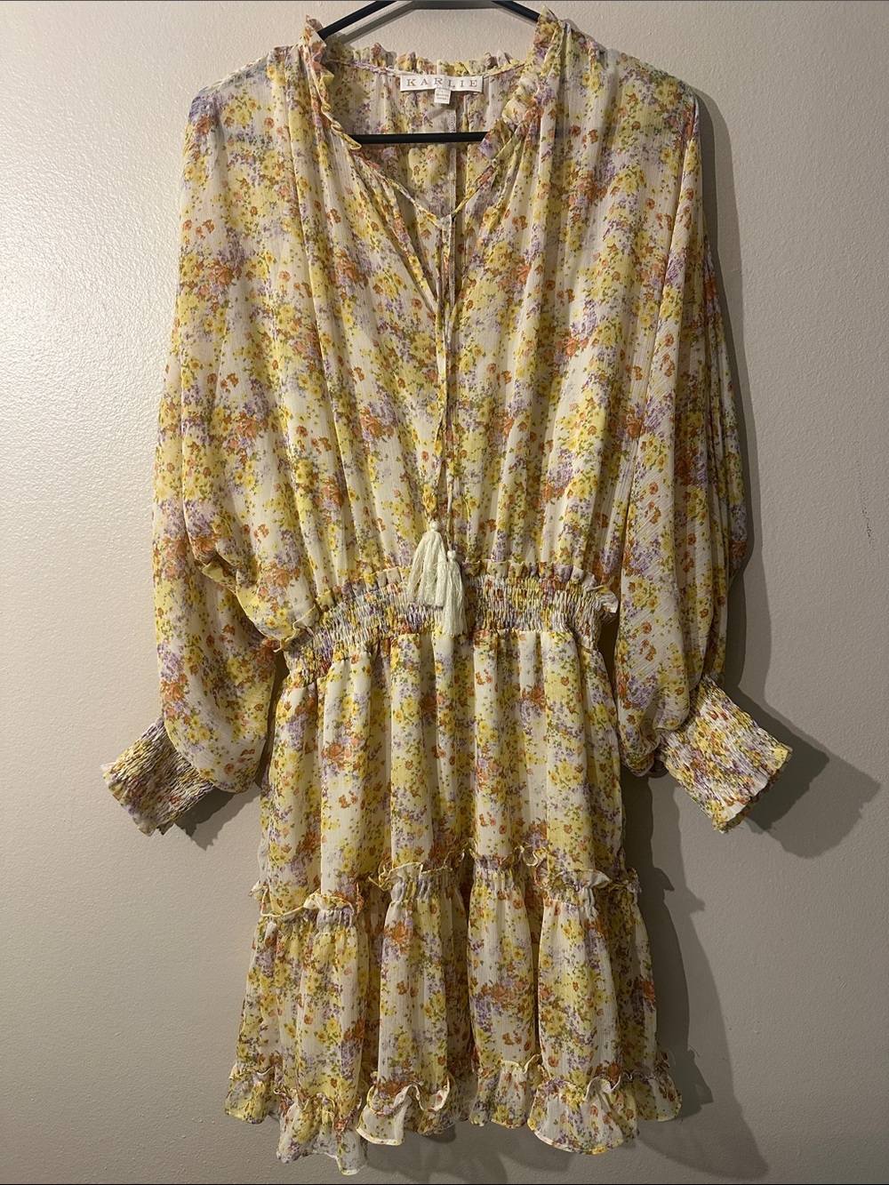 KARLIE Yellow Floral Tiered Smocked Waist Dress Sz L